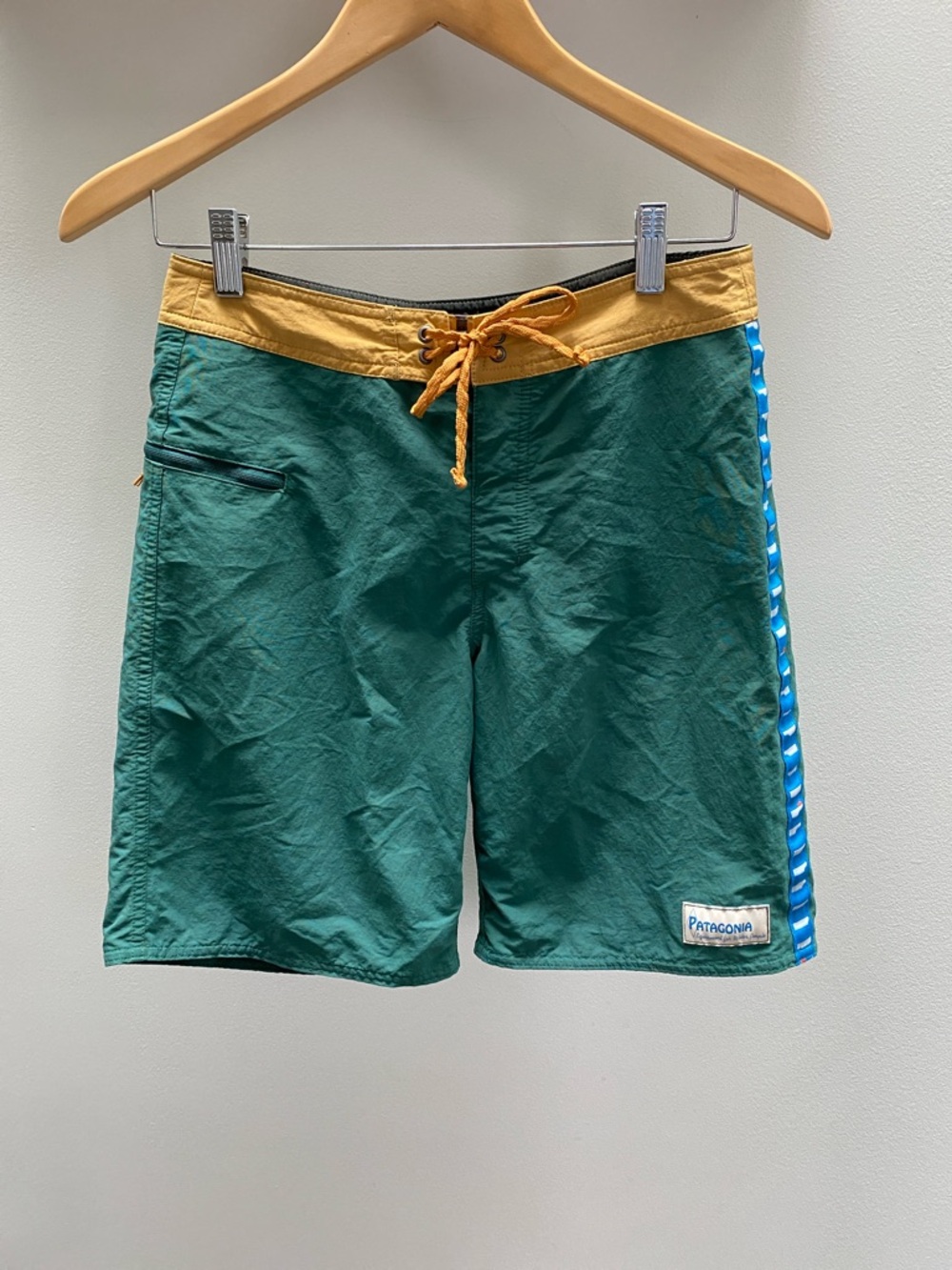 Patagonia Green Boardshorts with Mustard Waist and Blue Side Trim